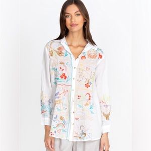 NWT Johnny Was White Embroidered Zodiac Astrologie Buttoned Tunic Shirt XL